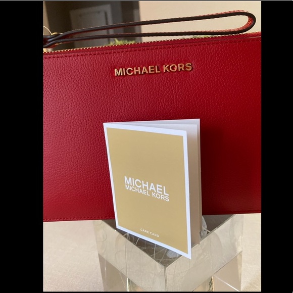MICHAEL KORS MK LARGE LEATHER CLUTCH WRISTLET RED - Picture 5 of 10